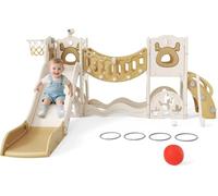 Grand toboggan pour enfant avec panier de basket-ball, structure d'escalade pour jardin, télescopique, espace de rangement (modèle actif 7 en 1 Elk Slide (Khaki)))