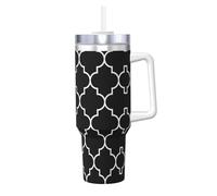 Grand trèfle blanc sur fond noir,Gobelet isotherme Ice Bully de 40 oz avec poignée, couvercle et paille, en acier inoxydable, pour voiture ou café.
