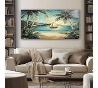 Grand Tropical Palmier Tableau Decoration Murale Salon Nautique Voilier Impression sur Toile 70x140 cm Cadre Peinture sur Toile pour Chambre Bureau Horizontal Poster Mural Prêt à Accrocher