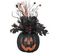 Grand vase citrouille noir 28 x 25 cm pour décoration d'intérieur ou | Design citrouille noire de 28 cm de large, détails effrayants réalistes, construction en plastique robuste