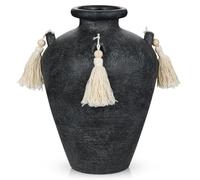 Grand vase en céramique noire de 23,9 cm pour centres de table, vase rustique de ferme avec 4 oreilles et pompons, vases à fleurs vintage en terre cuite pour table, bureau, salon, chambre, entrée