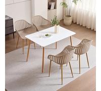GrandCA HOME 110Cm Table à Manger Carrée et 4 Chaises,Convient pour la Cuisine, Le Patio, Le Jardin,Le Balcon ou la Salle à Manger (Blanc+Kaki+Pieds de Chaise en métal Couleur Bois