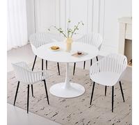 GrandCA HOME 80 cm Ensemble Table Ronde et 4 Chaises, Convient pour la Cuisine, Le Patio, Le Jardin, Le Balcon ou la Salle à Manger (Blanc + Blanc + Pieds de Chaise en Métal)