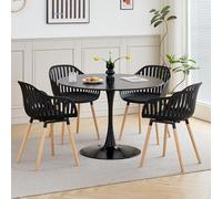 GrandCA HOME 80 cm Ensemble Table Ronde et 4 Chaises, Convient pour la Cuisine, Le Patio, Le Jardin, Le Balcon ou la Salle à Manger (Noir + Noir+ Pieds de Chaise en Bois)