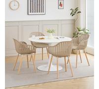 GrandCA HOME 80cm Ensemble Table Ronde et 4 Chaises, Convient pour la Cuisine, Le Patio, e Jardin, Le Balcon ou la Salle à Manger (Blanc+Kaki+Pieds de Chaise en métal Couleur Bois