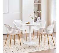 GrandCA HOME 80cm Ensemble Table Ronde et 4 Chaises, Convient pour la Cuisine, Le Patio, e Jardin, Le Balcon ou la Salle à Manger (Blanc+Blanc+Pieds de Chaise en métal Couleur Bois