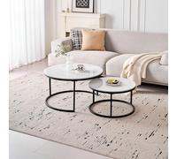 GrandCA HOME Ensemble de 2 Tables Basses Rondes, Tables Gigognes de Salon Modernes, Structure en Métal Noir, 50 cm et 70 cm, en Marbre Blanc et Pierre Frittée