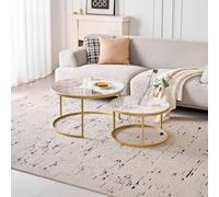 GrandCA HOME Ensemble de 2 Tables Basses Rondes, Tables Gigognes de Salon Modernes, Structure en Métal Doré, 50 cm et 70 cm, en Marbre Pandora et Pierre Frittée