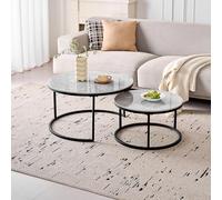 GrandCA HOME Ensemble de 2 Tables Basses Rondes, Tables Gigognes de Salon Modernes, Structure en Métal Noir, 50 cm et 70 cm, en Marbre Gris et Pierre Frittée