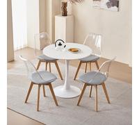 GrandCA HOME Ensemble Table à Manger avec 4 Chaises, Table à Manger Ronde Moderne Blanche de 80 CM, 4 Chaises de Cuisine Tulipe Transparentes, pour la Cuisine, Le Salon (Gris)