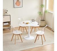 GrandCA HOME Ensemble Table à Manger avec 4 Chaises, Table à Manger Ronde Moderne Blanche de 80 CM, 4 Chaises de Cuisine Tulipe Transparentes, pour la Cuisine, Le Salon (Blanc)