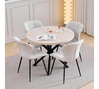 GrandCA HOME Ensemble Table et Chaises, 4 Chaises de Salle à Manger en Lin Blanc Cassé et Une Table à Manger Ronde Moderne de 100 cm, idéale pour la Cuisine, Le Salon - Couleur Travertin Jaune