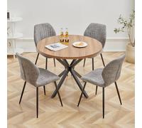 GrandCA HOME Ensemble Table et Chaises à Manger, Table à Manger Ronde de 100 cm et 4 Chaises en Lin Modernes, pour Salle à Manger, Cuisine, Salon, Foncé +Gris