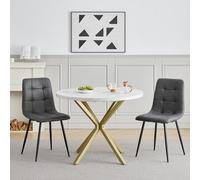 GrandCA HOME Ensemble Table et Chaises de Salle à Manger, 2 Chaises de Salle à Manger en Cuir Technique Gris Foncé et Une Table Ronde de 100 cm, idéal pour la Cuisine et Le Salon (Marbre Blanc 1)