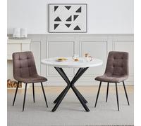 GrandCA HOME Ensemble Table et Chaises de Salle à Manger, 2 Chaises de Salle à Manger en Cuir Technique Brun Foncé et Une Table Ronde de 100 cm, idéal pour la Cuisine et Le Salon (Marbre Blanc 2)