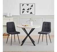 GrandCA HOME Ensemble Table et Chaises de Salle à Manger, 2 Chaises de Salle à Manger en Velours Côtelé Noir et Une Table Ronde de 100 cm, idéal pour la Cuisine et Le Salon-Pierre de Grotte Jaune