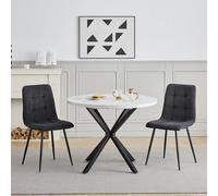 GrandCA HOME Ensemble Table et Chaises de Salle à Manger, 2 Chaises de Salle à Manger en Velours Côtelé Noir et Une Table Ronde de 100 cm, idéal pour la Cuisine et Le Salon (Marbre Blanc 2)