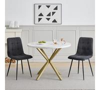 GrandCA HOME Ensemble Table et Chaises de Salle à Manger, 2 Chaises de Salle à Manger en Velours Côtelé Noir et Une Table Ronde de 100 cm, idéal pour la Cuisine et Le Salon (Marbre Blanc 1)