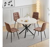 GrandCA HOME Ensemble Table et Chaises de Salle à Manger, 4 Chaises de Salle à Manger en Cuir Technique Brun clair et une Table Ronde de 100cm, idéal pour la Cuisine et le Salon-Pierre de Grotte Jaune