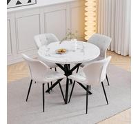 GrandCA HOME Ensemble Table et Chaises de Salle à Manger, 4 Chaises de Salle à Manger en Lin Blanc Cassé et Une Table Ronde Modernede 100 cm, Convient pour la Cuisine, Le Salon - Motif Marbre Blanc 1