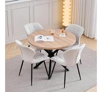 GrandCA HOME Ensemble Table et Chaises de Salle à Manger, 4 Chaises de Salle à Manger en Lin Blanc Cassé et Une Table Ronde Modernede 100 cm, Convient pour la Cuisine, Le Salon - Couleur Claire