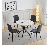 GrandCA HOME Ensemble Table et Chaises de Salle à Manger, 4 Chaises de Salle à Manger en Velours Côtelé Noir et Une Table Ronde de 100 cm, idéal pour la Cuisine et Le Salon (Marbre Blanc 2)