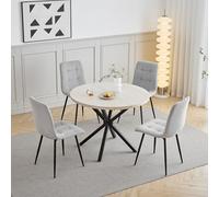 GrandCA HOME Ensemble Table et Chaises de Salle à Manger, 4 Chaises de Salle à Manger en Velours Côtelé Gris Clair et une Table Ronde de 100cm, idéal pour la Cuisine et le Salon-Pierre de Grotte Jaune