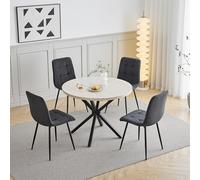 GrandCA HOME Ensemble Table et Chaises de Salle à Manger, 4 Chaises de Salle à Manger en Velours Côtelé Noir et Une Table Ronde de 100 cm, idéal pour la Cuisine et Le Salon-Pierre de Grotte Jaune