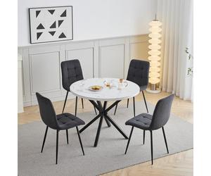 GrandCA HOME Ensemble Table et Chaises de Salle à Manger, 4 Chaises de Salle à Manger en Velours Côtelé Noir et Une Table Ronde de 100 cm, idéal pour la Cuisine et Le Salon (Marbre Blanc 2)