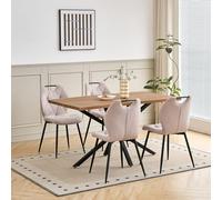 GrandCA HOME Ensemble Table et Chaises de Salle à Manger 5 Pièces,Table Carrée de 140cm, 4 Chaises Rembourrées,Convient aux Cuisines et Salles à Manger (Aspect Bois foncé+Beige)