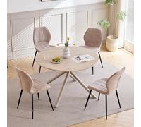 GrandCA HOME Ensemble Table et Chaises de Salle à Manger Nordique, 115CM Table Ronde et 4 Chaises de Cuisine Rembourrées,Convient pour la Cuisine,la Salle à Manger(Travertin Jaune+Beige