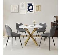 GrandCA HOME Ensemble Table et Chaises de Salle à Manger,Table Ronde de 100cm avec 4 Chaises Rembourrées Modernes,Convient Aux Salles à Manger et Aux Cuisines(Motif marbré 2+ Gris