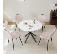 GrandCA HOME Ensemble Table et Chaises de Salle à Manger,Table Ronde de 100cm avec 4 Chaises Rembourrées Modernes,Convient Aux Salles à Manger et Aux Cuisines (Motif marbré+Beige)