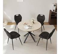 GrandCA HOME Ensemble Table et Chaises de Salle à Manger,Table Ronde de 100cm avec 4 Chaises Rembourrées Modernes,Convient Aux Salles à Manger et Aux Cuisines (travertin Jaune+Noir