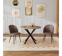 GrandCA HOME Ensemble Table et Chaises, Table Ronde de 100 cm et 2 Chaises en Velours Nordique, Idéal pour Le Salon, la Salle à Manger et la Cuisine (Grain de Bois Foncé + Brun)