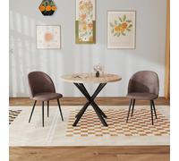 GrandCA HOME Ensemble Table et Chaises, Table Ronde de 100 cm et 2 Chaises en Velours Nordique, Idéal pour Le Salon, la Salle à Manger et la Cuisine (Grain de Bois Clair + Brun)