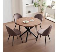 GrandCA HOME Ensemble Table et Chaises, Table Ronde de 100 cm et 4 Chaises en Velours Nordique, Idéal pour Le Salon, la Salle à Manger et la Cuisine (Grain de Bois Foncé + Brun)