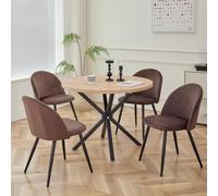 GrandCA HOME Ensemble Table et Chaises, Table Ronde de 100 cm et 4 Chaises en Velours Nordique, Idéal pour Le Salon, la Salle à Manger et la Cuisine (Grain de Bois Clair + Brun)