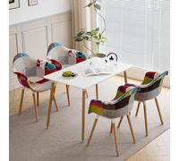 GrandCA HOME Ensemble Table et Chaises, tTable Carrée de 110 cm et 4 Fauteuils en Lin Patchwork, Idéal pour la Salle à Manger, la Cuisine et Le Salon (Blanc + Rouge)