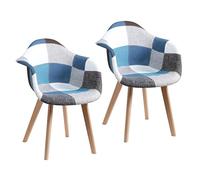 GrandCA HOME Lot de 2 Ffauteuils Patchwork Scandinaves avec Pieds en Bois de Hêtre Massif et Assise en Polyester Rembourré Multicolore, Bleu