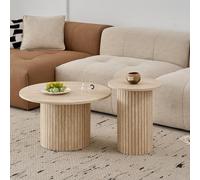 GrandCA HOME Lot de 2 Tables Basses Rondes, Table d'appoint Ronde pour Canapé, Plateau en MDF avec Sommier à Lattes en Bois, Convient pour Salon et Bureau（Travertin Jaune）