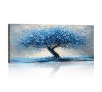 Grande Abstraits Bleu Gris Fleurs Arbres Tableau Murale Decoration, Cadre en Bois Nature Paysage Impression Sur Toile Peintures Poster Sur Toile Mural Salon Tableau Decor Chambre prêt accrocher 50x120