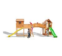 FUNGOO Aire de jeux MAXI SET SIZED PLAZA avec double plateforme, pont en bois, cabane, toitures, 2 échelles, mur d'escalade, corde à nœuds, échelle de corde, bac à sable, coffre à jouets & accessoires de jeux - Kit sécurité ancrage au sol fournis