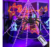 Grande araignée décorative d'Halloween de 1,25 m + 5 m de toile d'araignée géante lumineuse, 250 LED violettes et 8 modes d'éclairage - Toile d'araignée avec télécommande - Décoration d'Halloween