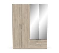 Grande Armoire Chambre Adulte 4 Portes Avec 2 Miroirs 2 Tiroirs & 6 Niches - Coloris Chêne Kronberg & Finitions Argent - 157 x 203 x 51 cm