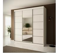 Grande armoire coulissante MONIKA blanche avec miroir central et barres argentées - 200 cm