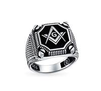 Grande Bague Chevalière Maçonnique Pour Homme Avec Boussole En Argent Sterling .925 À Deux Tons Avec Incrustation Noire
