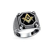 Grande Bague Chevalière Maçonnique Pour Homme Avec Boussole En Argent Sterling .925 Incrustation Tricolore Noir Et Or