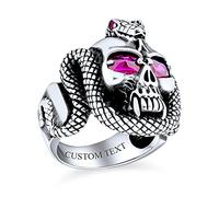 Grande Bague Pour Homme Diable Des Motards Halloween Pirate Gothique Caraïbes Jour Des Morts Simulation Rouge Rubis CZ Yeux Serpent Tête De Crâne Argent Sterling 925 Oxydé Personnalisation Gravure