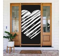 Grande bannière à suspendre avec cœur rayé noir et blanc - Panneau de bienvenue - Panneau de bienvenue pour porte et fenêtre - Décoration extérieure saisonnière